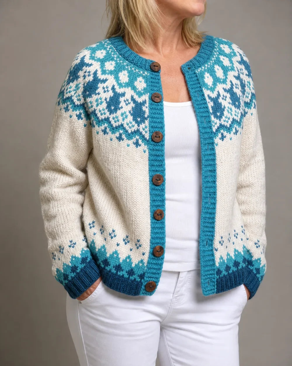 Eva vintage Fair-Isle cardigan for women, blue and cream hero view