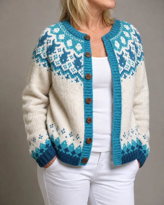 Eva vintage Fair-Isle cardigan for women, blue and cream hero view