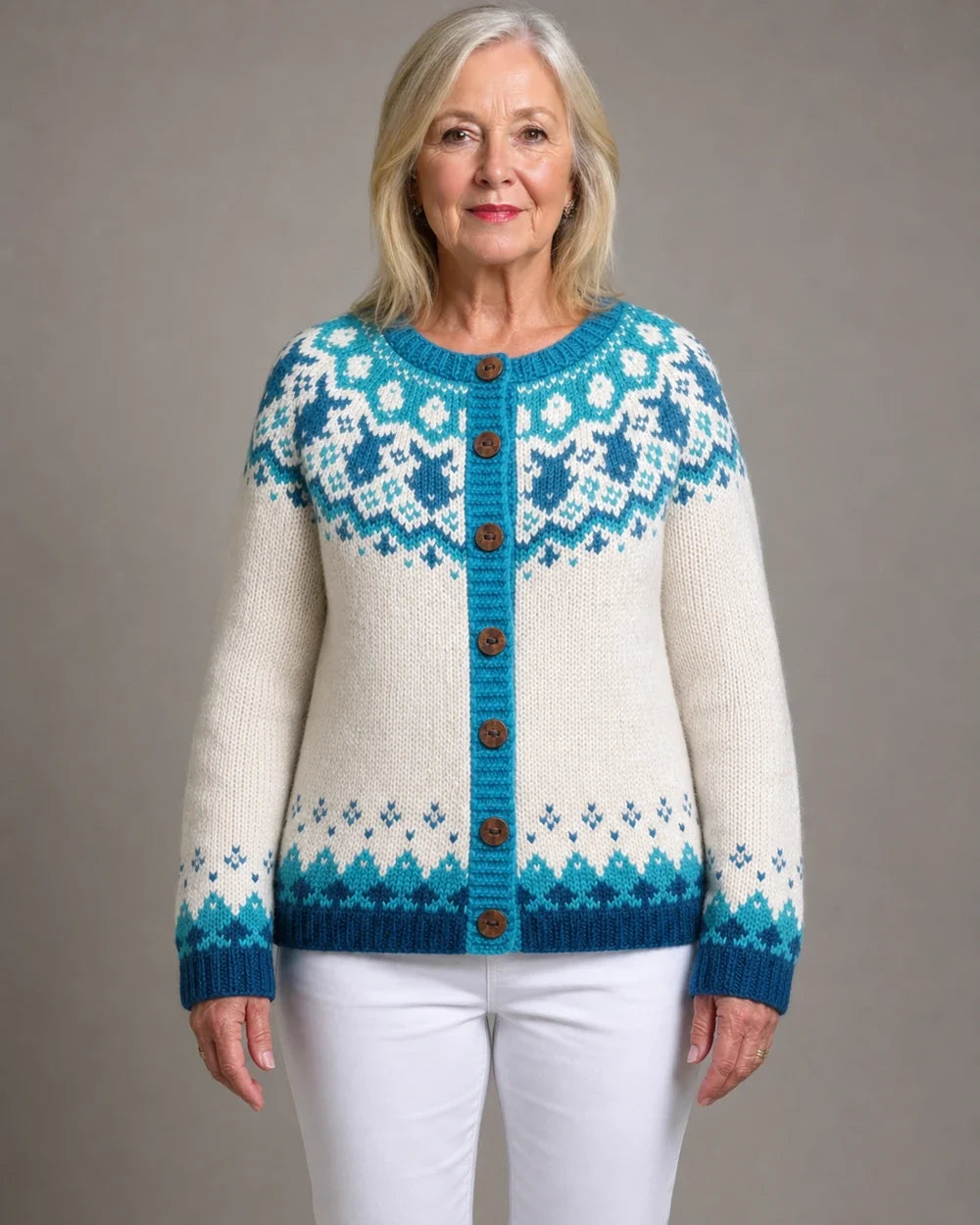 Eva vintage Fair-Isle cardigan for women, straight front view