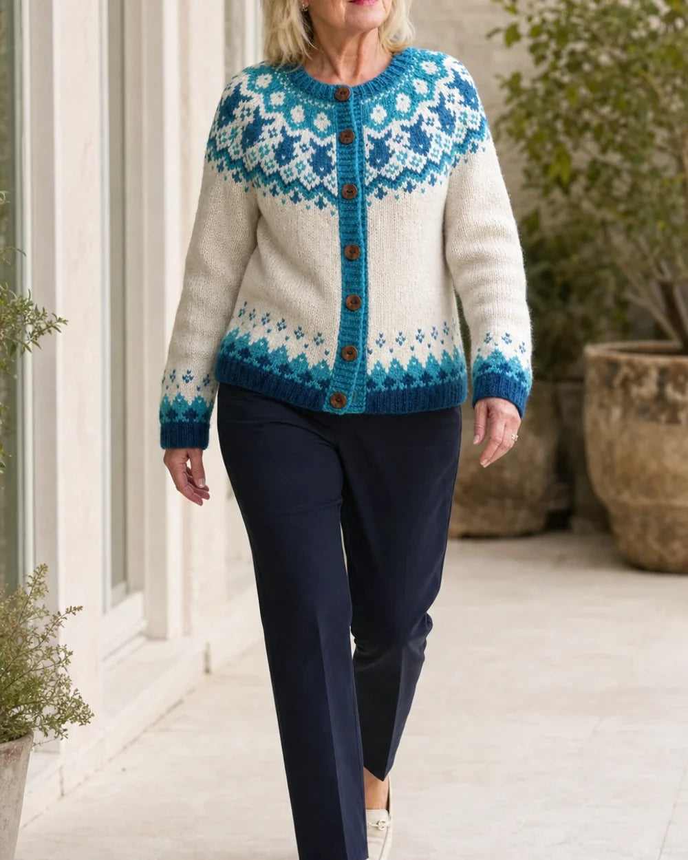Eva vintage Fair-Isle cardigan for women, natural movement view