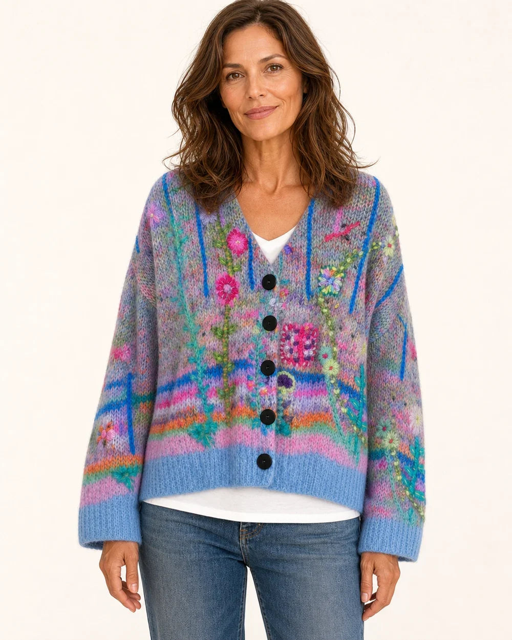 Everly printed cropped cardigan for women, blue straight front view