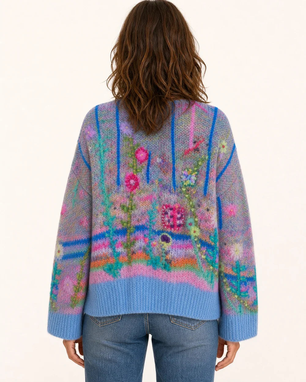 Everly printed cropped cardigan for women, blue true back view