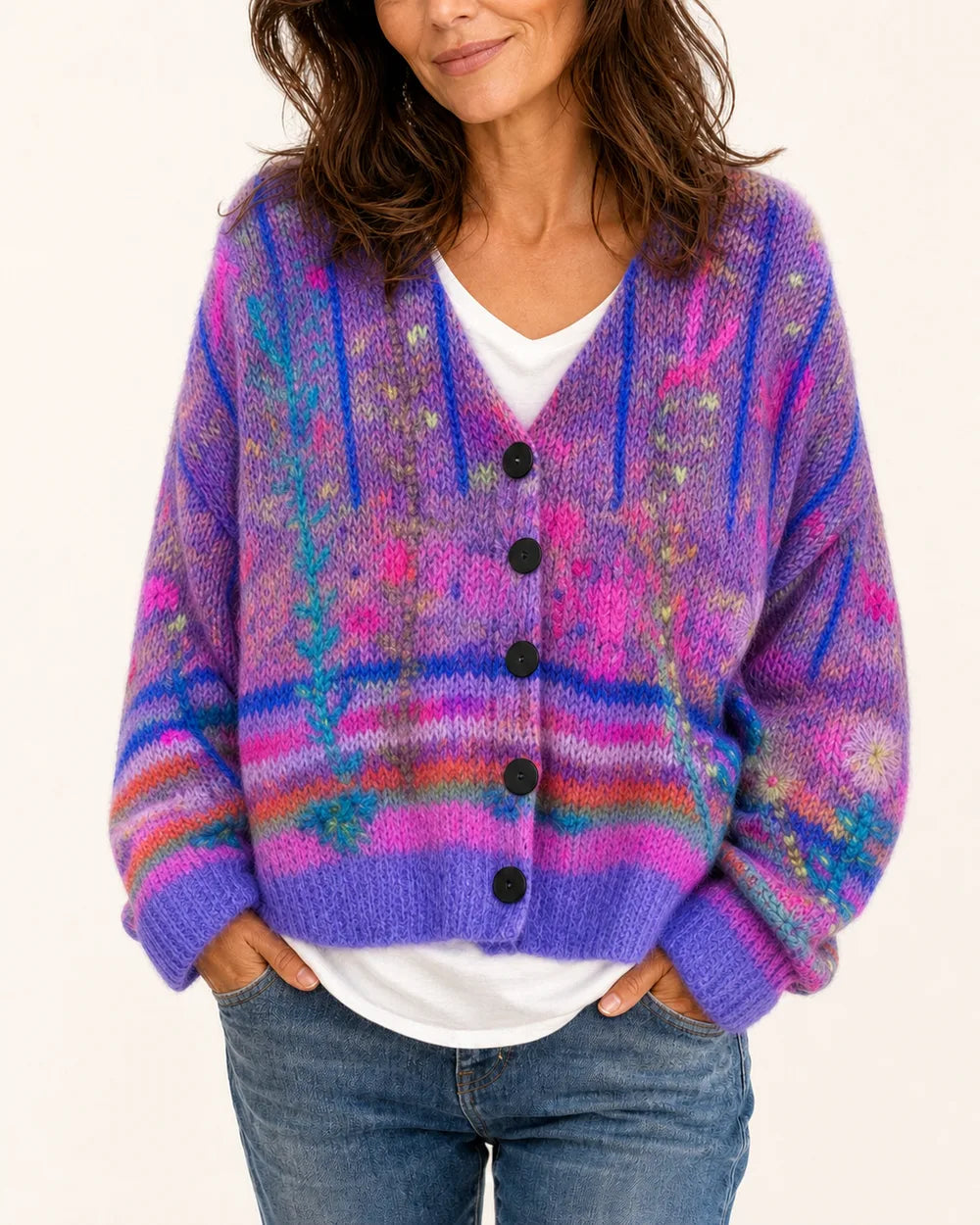 Everly printed cropped cardigan for women, purple colourway