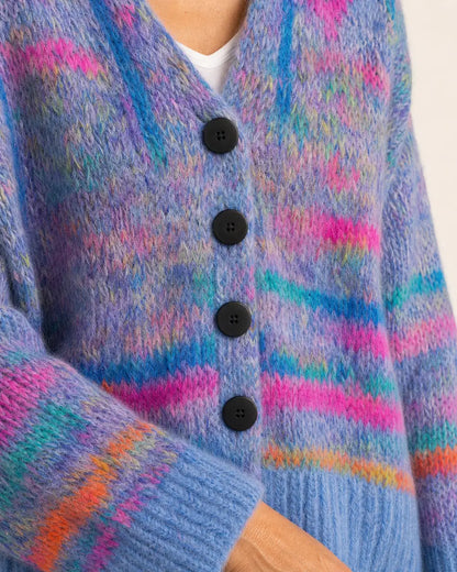 Everly printed cropped cardigan for women, blue knit and button detail