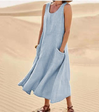 Melisande | Linen Scoop Neck Maxi Dress