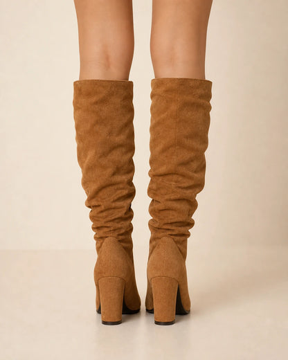 Women's camel slouchy suede-effect knee-high boots, rear view.