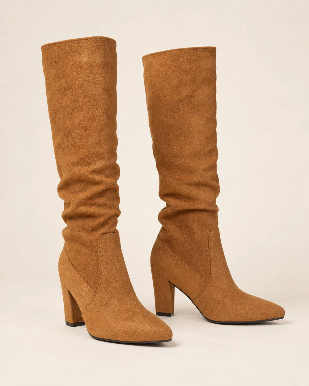 Women's camel slouchy suede-effect knee-high boots, product-only pair.