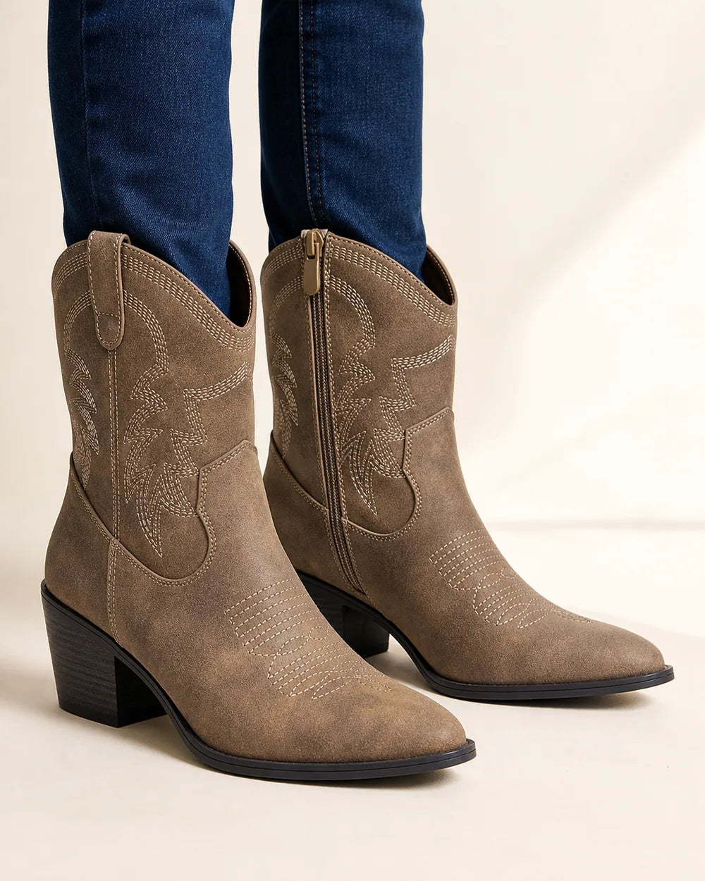 Women's taupe embroidered mid-calf cowgirl boots — worn hero view