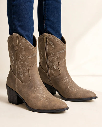 Women's taupe embroidered mid-calf cowgirl boots — worn hero view