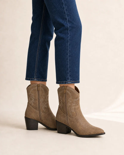 Women's taupe embroidered mid-calf cowgirl boots — side profile fit