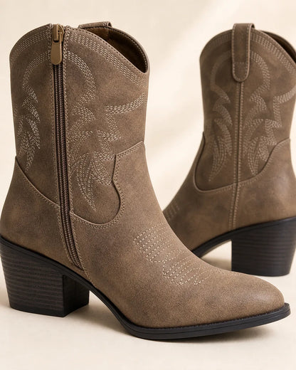 Women's taupe embroidered mid-calf cowgirl boots — side zip and embroidery detail