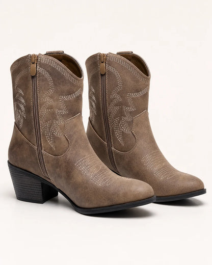 Women's taupe embroidered mid-calf cowgirl boots — clean pair packshot