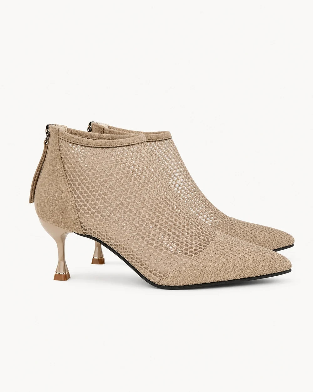 Momount Threcia light brown mesh kitten-heel ankle boots — lateral profile
