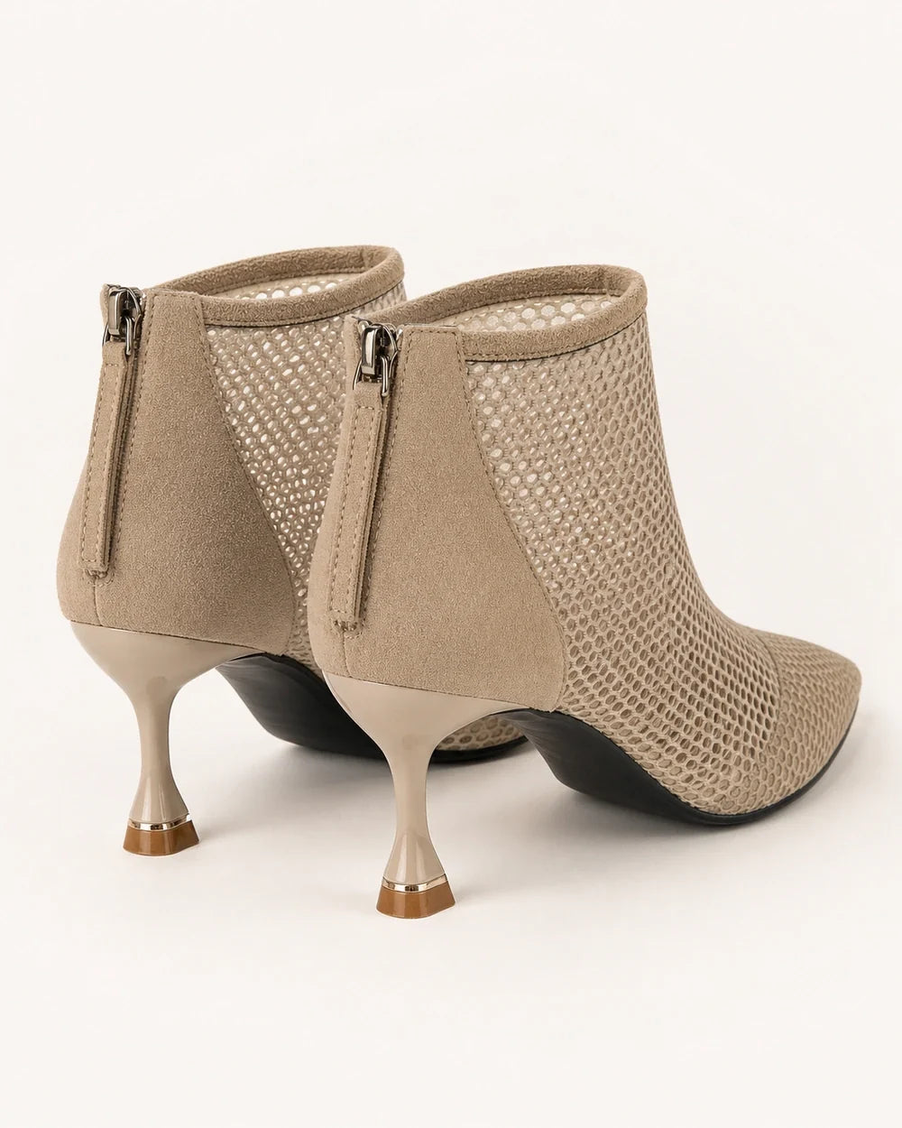 Momount Threcia light brown mesh kitten-heel ankle boots — rear view