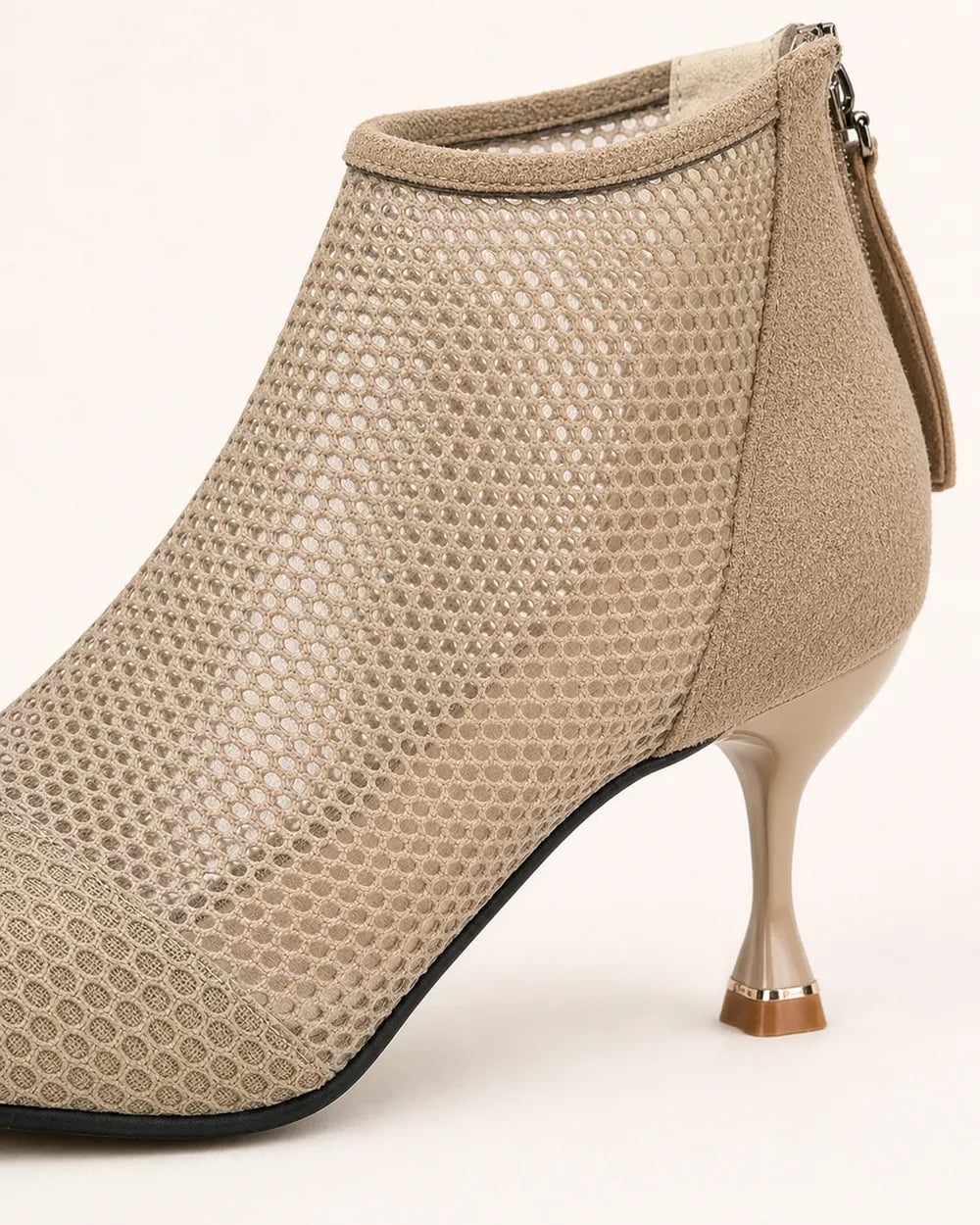Momount Threcia light brown mesh kitten-heel ankle boots — mesh construction detail