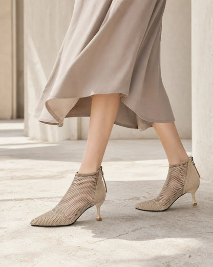 Momount Threcia light brown mesh kitten-heel ankle boots — walking view