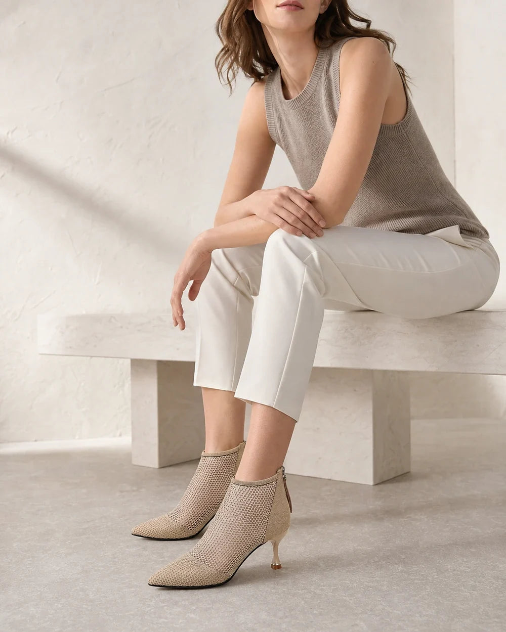 Momount Threcia light brown mesh kitten-heel ankle boots — second styling