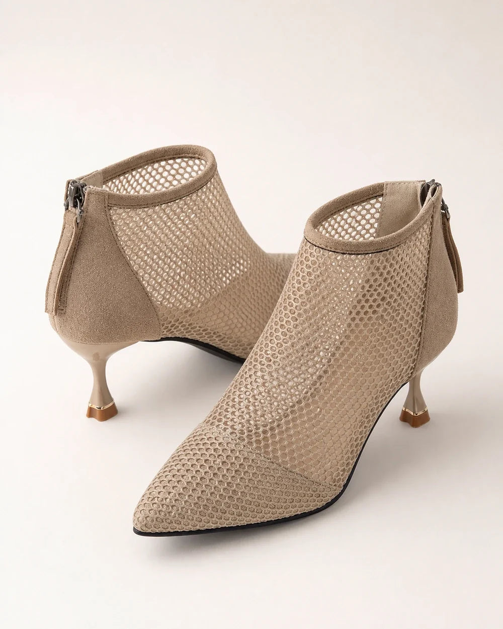 Momount Threcia light brown mesh kitten-heel ankle boots — product view