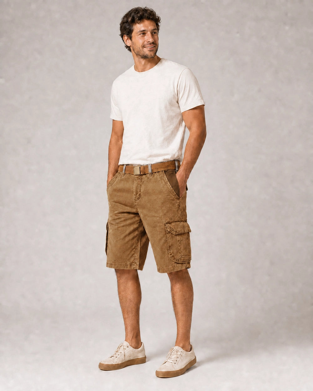 Momount Men Cargo Shorts – Washed Cotton Belted Vintage Distressed Knee Length — Brown — color variant primary — uomo-pantaloncini-cargo-cotone-lavato-cintura-vintage-anticato-lunghezza-brown-14-variant.webp