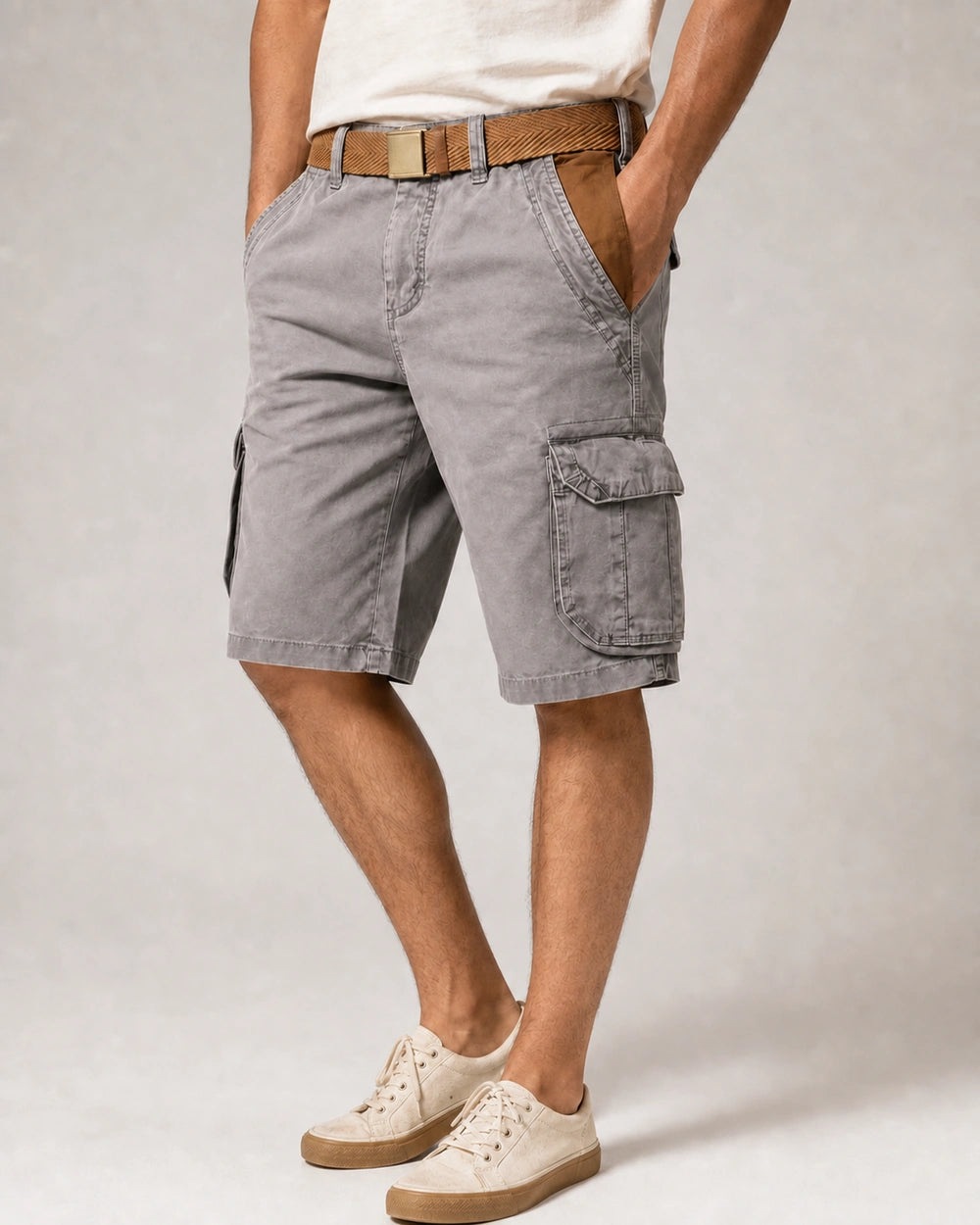 Momount Men Cargo Shorts – Washed Cotton Belted Vintage Distressed Knee Length — Grey — product-first hero — uomo-pantaloncini-cargo-cotone-lavato-cintura-vintage-anticato-lunghezza-grey-01-hero.webp