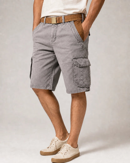 Momount Men Cargo Shorts – Washed Cotton Belted Vintage Distressed Knee Length — Grey — product-first hero — uomo-pantaloncini-cargo-cotone-lavato-cintura-vintage-anticato-lunghezza-grey-01-hero.webp