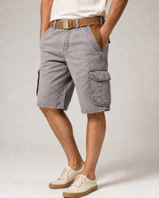 Momount Men Cargo Shorts – Washed Cotton Belted Vintage Distressed Knee Length — Grey — product-first hero — uomo-pantaloncini-cargo-cotone-lavato-cintura-vintage-anticato-lunghezza-grey-01-hero.webp