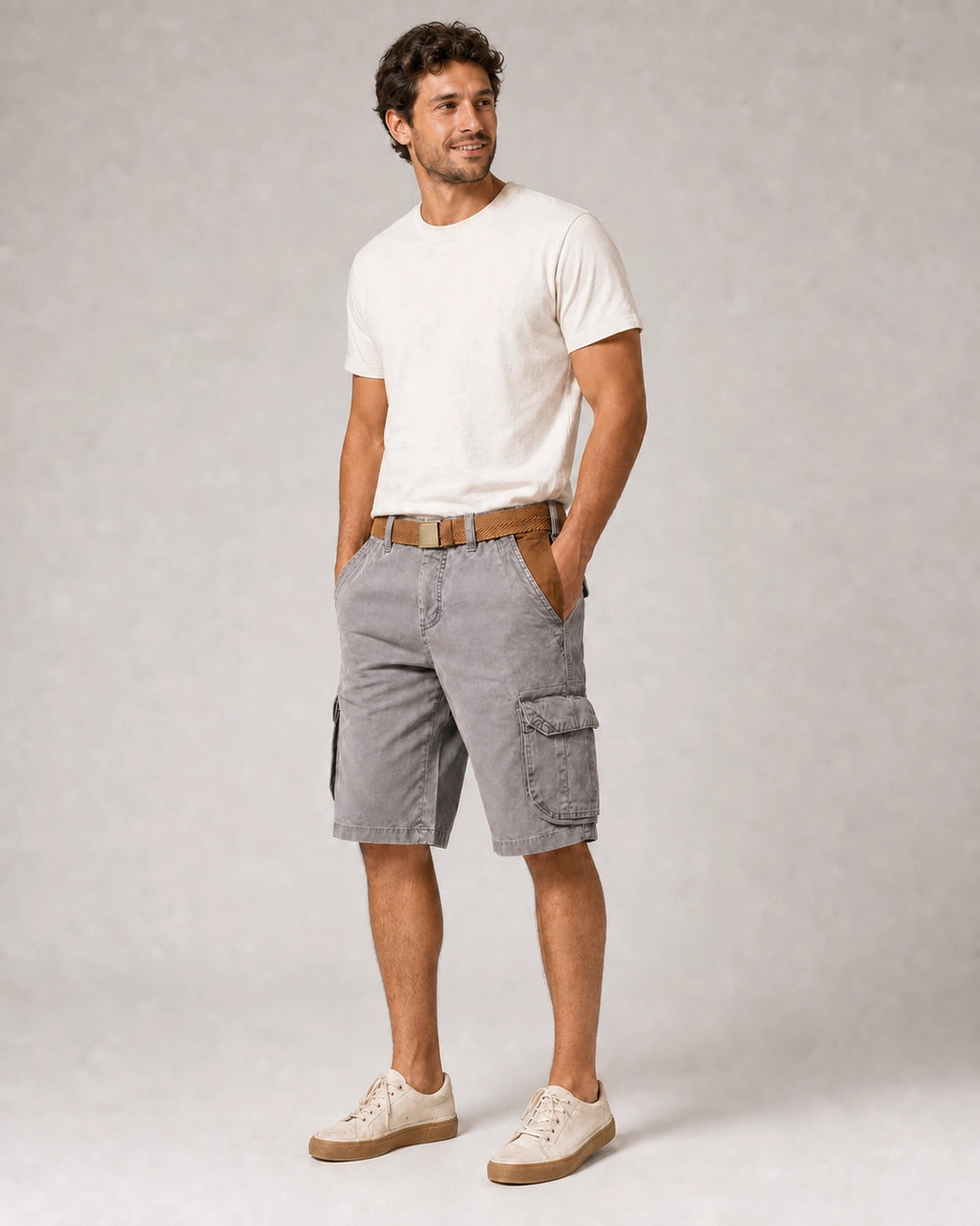 Momount Men Cargo Shorts – Washed Cotton Belted Vintage Distressed Knee Length — Grey — complete silhouette — uomo-pantaloncini-cargo-cotone-lavato-cintura-vintage-anticato-lunghezza-grey-02-full-silhouette.webp