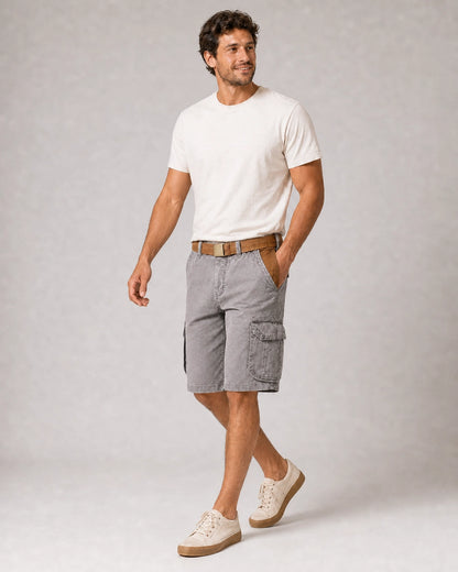 Momount Men Cargo Shorts – Washed Cotton Belted Vintage Distressed Knee Length — Grey — walking movement — uomo-pantaloncini-cargo-cotone-lavato-cintura-vintage-anticato-lunghezza-grey-07-walking.webp