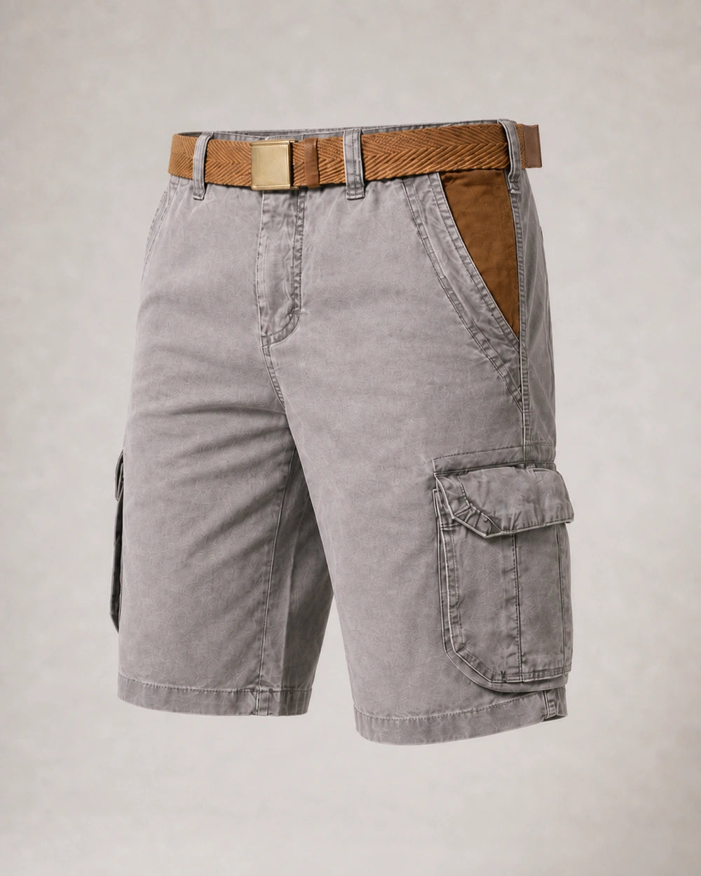 Momount Men Cargo Shorts – Washed Cotton Belted Vintage Distressed Knee Length — Grey — product-only reassurance — uomo-pantaloncini-cargo-cotone-lavato-cintura-vintage-anticato-lunghezza-grey-08-product-only.webp