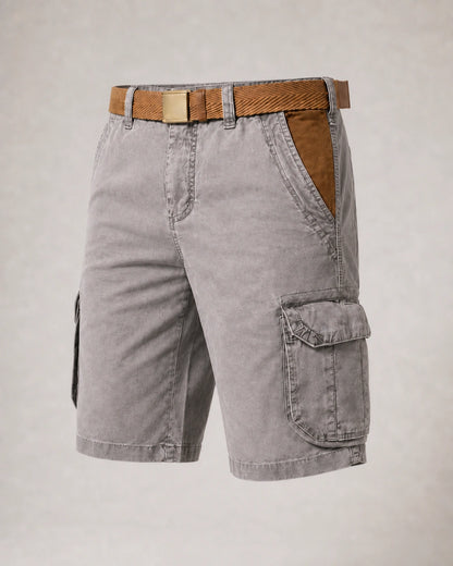 Momount Men Cargo Shorts – Washed Cotton Belted Vintage Distressed Knee Length — Grey — product-only reassurance — uomo-pantaloncini-cargo-cotone-lavato-cintura-vintage-anticato-lunghezza-grey-08-product-only.webp
