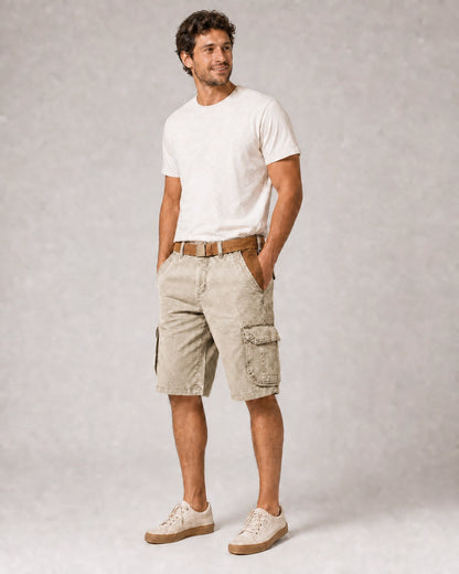 Momount Men Cargo Shorts – Washed Cotton Belted Vintage Distressed Knee Length — Khaki — color variant primary — uomo-pantaloncini-cargo-cotone-lavato-cintura-vintage-anticato-lunghezza-khaki-10-variant.webp