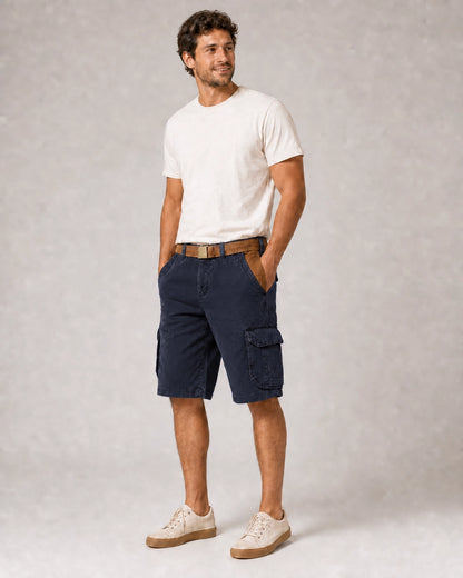 Momount Men Cargo Shorts – Washed Cotton Belted Vintage Distressed Knee Length — Navy — color variant primary — uomo-pantaloncini-cargo-cotone-lavato-cintura-vintage-anticato-lunghezza-navy-13-variant.webp