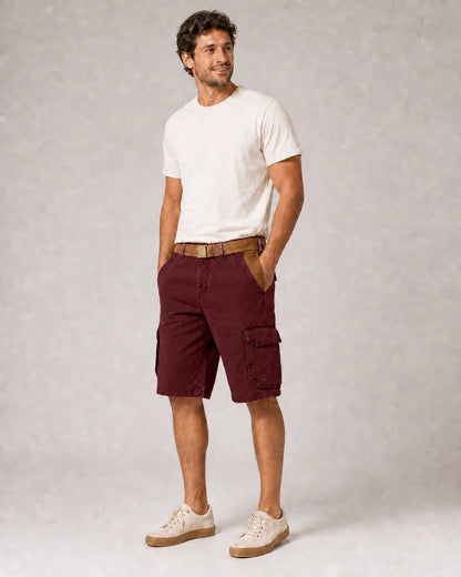 Momount Men Cargo Shorts – Washed Cotton Belted Vintage Distressed Knee Length — Red — color variant primary — uomo-pantaloncini-cargo-cotone-lavato-cintura-vintage-anticato-lunghezza-red-15-variant.webp