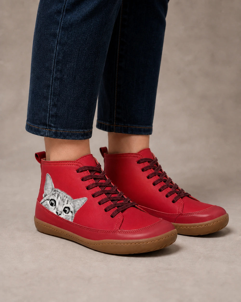 Cat Motif High-Top Casual Boots, red hero. — velma-red-06-variant-hero.webp
