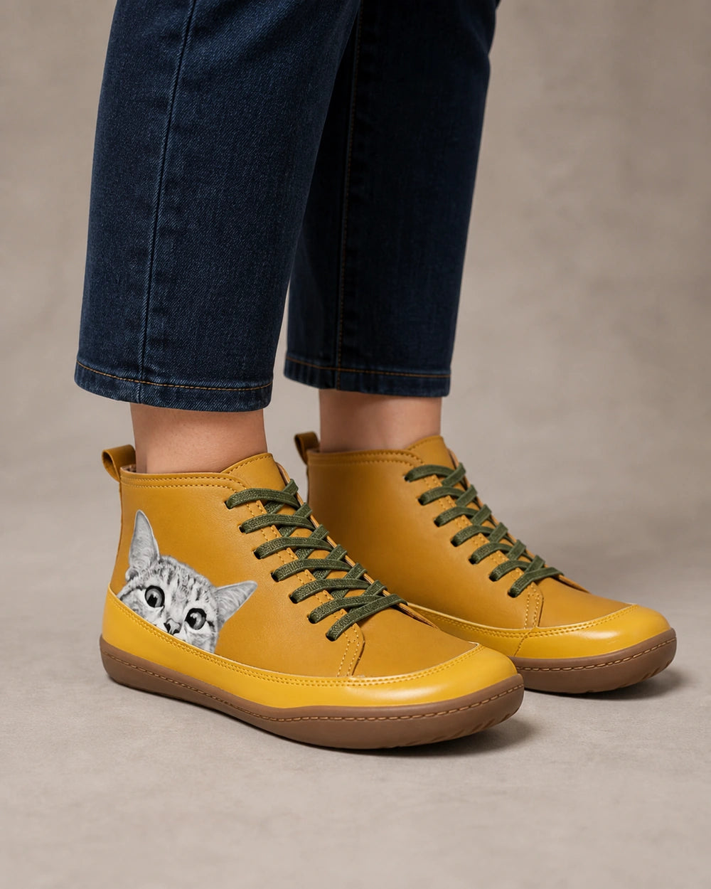 Cat Motif High-Top Casual Boots, yellow hero. — velma-yellow-01-hero.webp