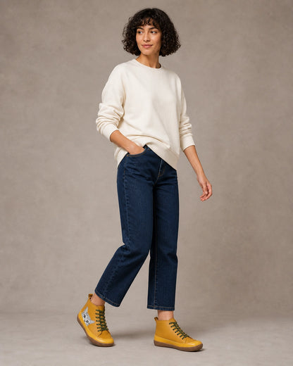 Cat Motif High-Top Casual Boots, yellow silhouette. — velma-yellow-02-complete-silhouette.webp