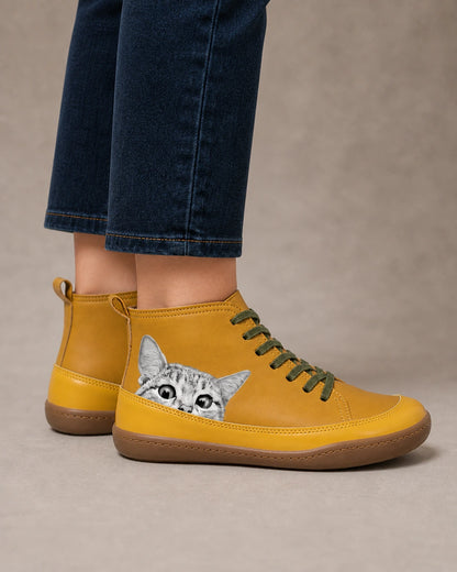 Cat Motif High-Top Casual Boots, yellow lateral profile. — velma-yellow-03-lateral-profile.webp