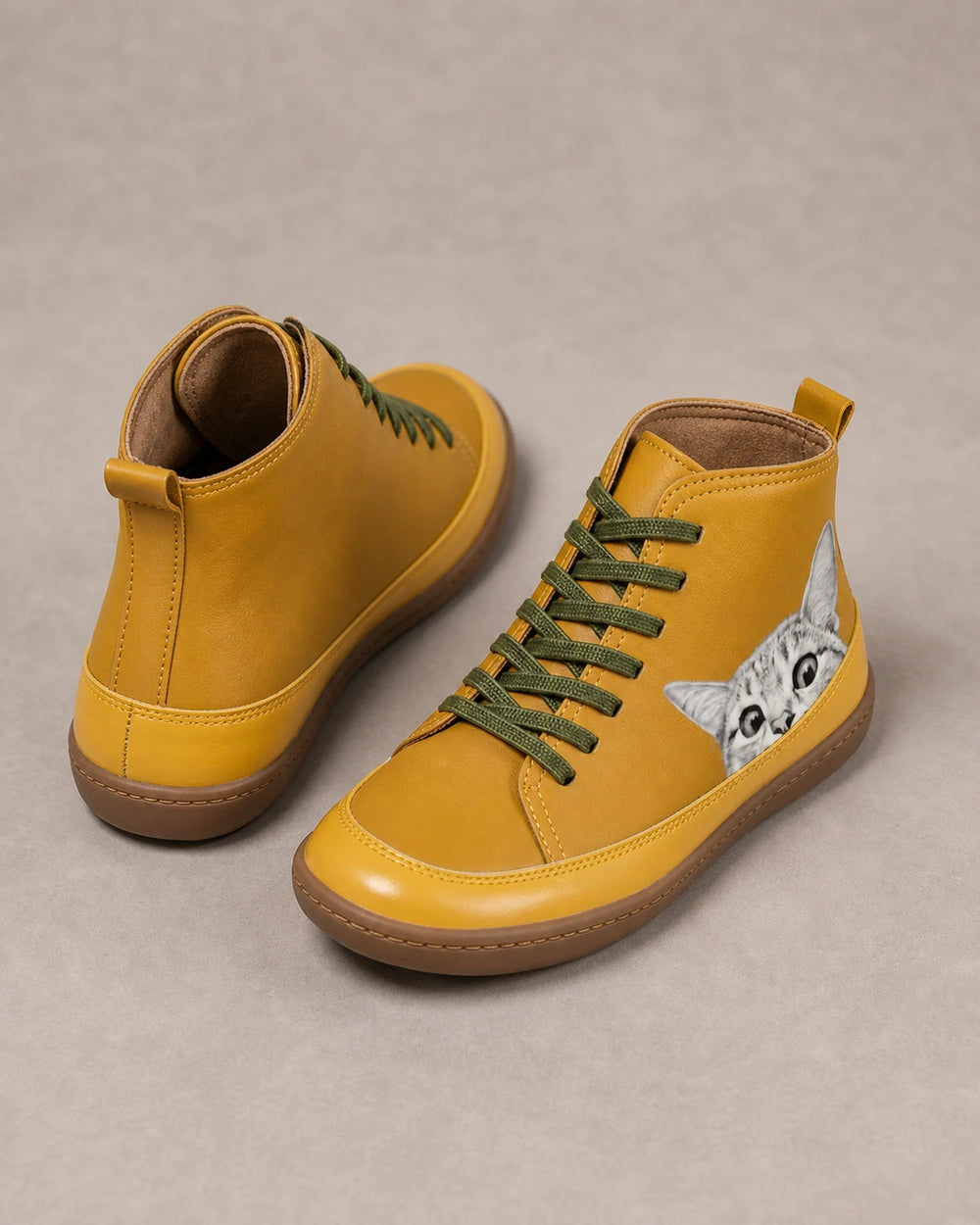 Cat Motif High-Top Casual Boots, yellow rear/top. — velma-yellow-04-rear-top.webp