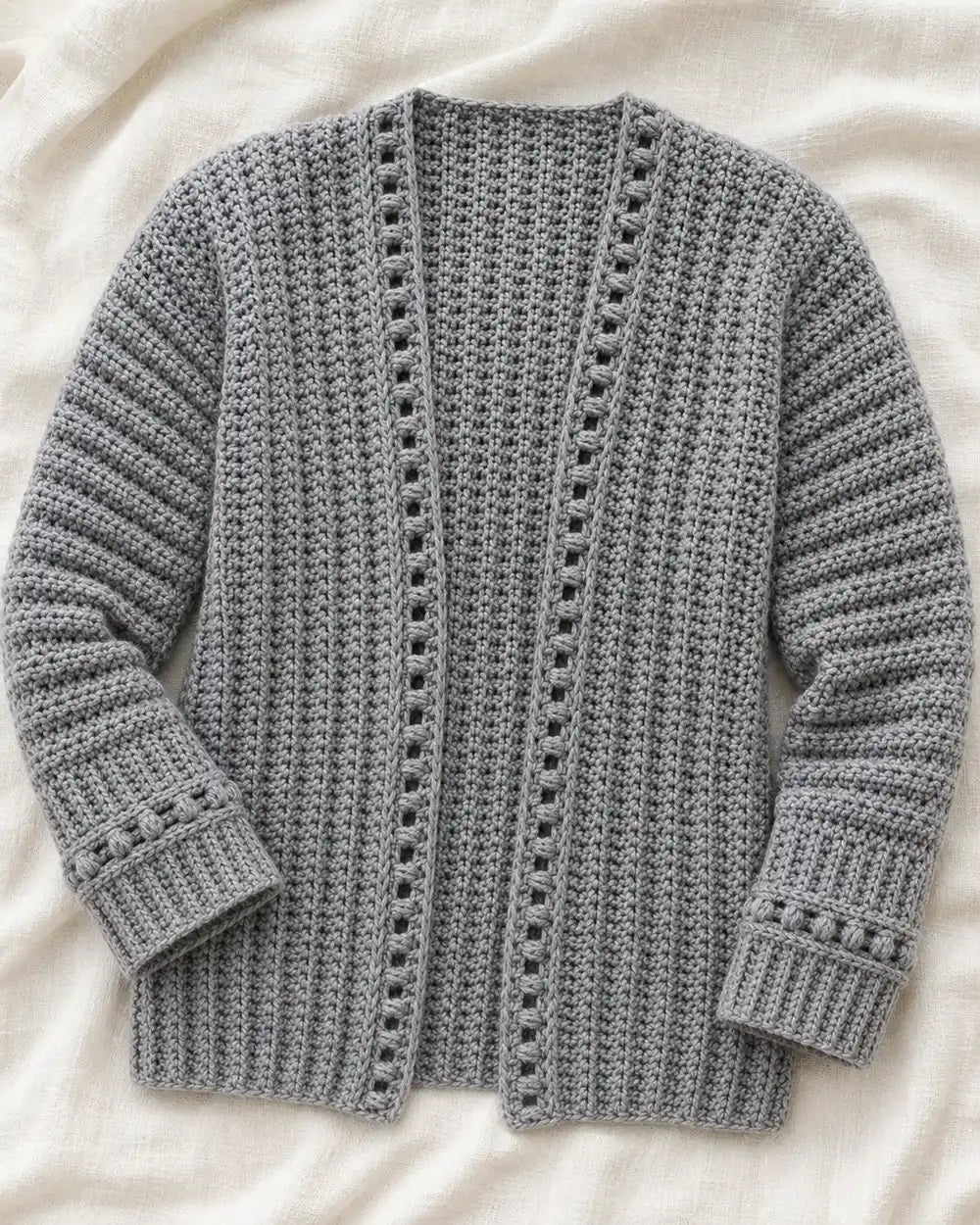 Grey openwork crochet cardigan, clean product-only flat lay.