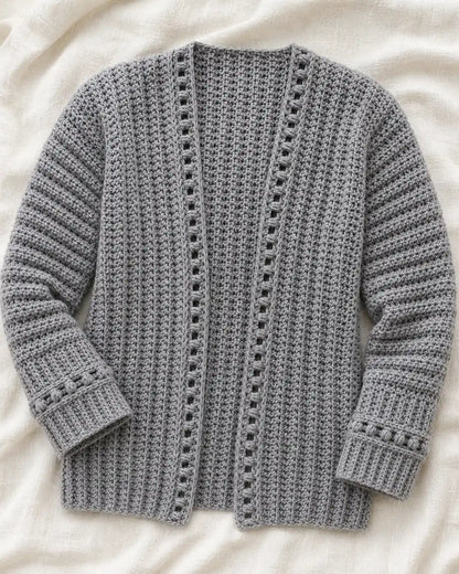 Grey openwork crochet cardigan, clean product-only flat lay.