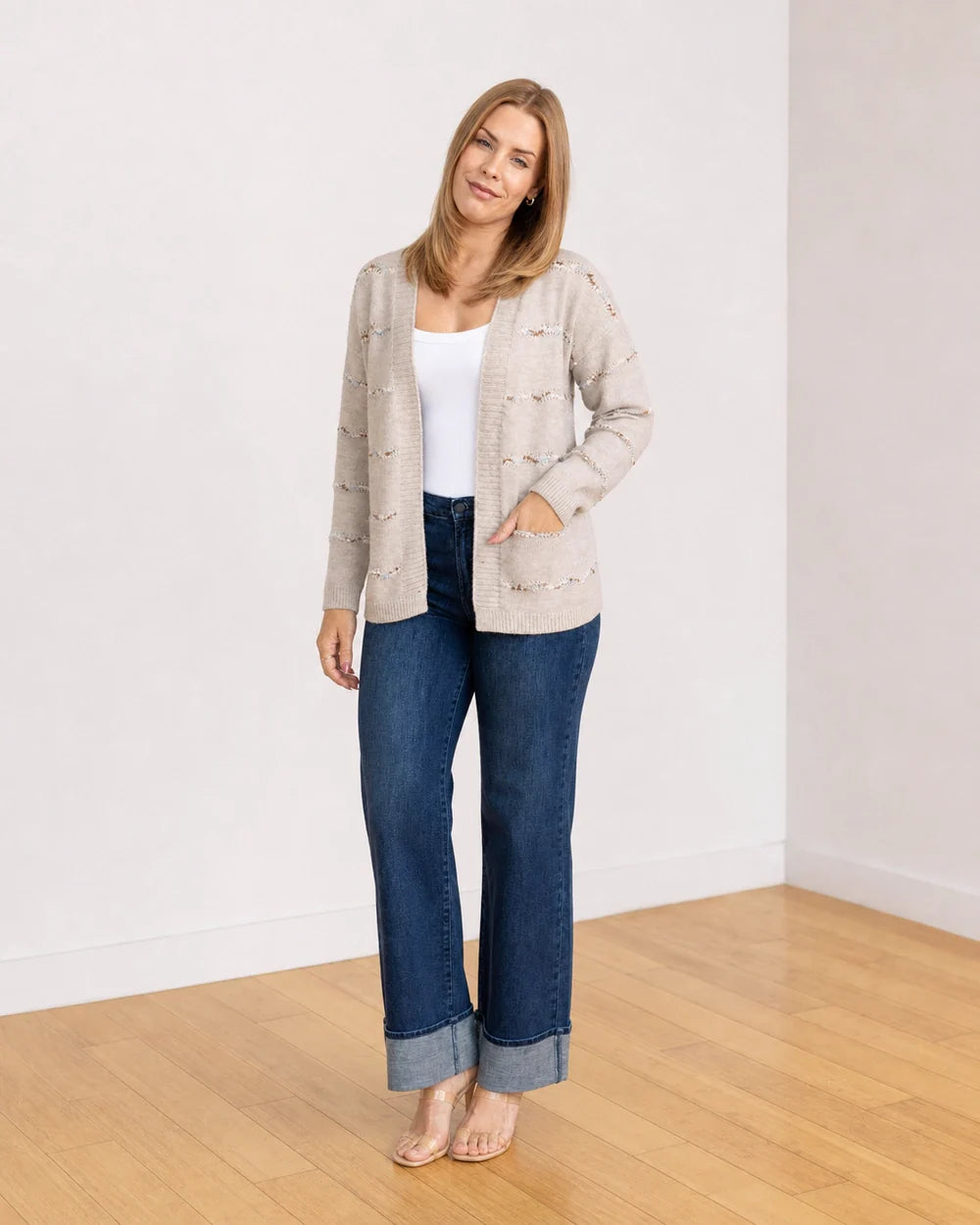 Popcorn-yarn open cardigan for women, complete silhouette