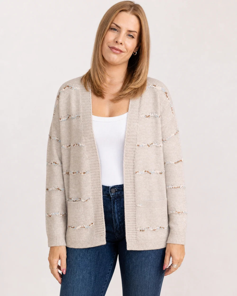 Popcorn-yarn open cardigan for women, straight front fit view