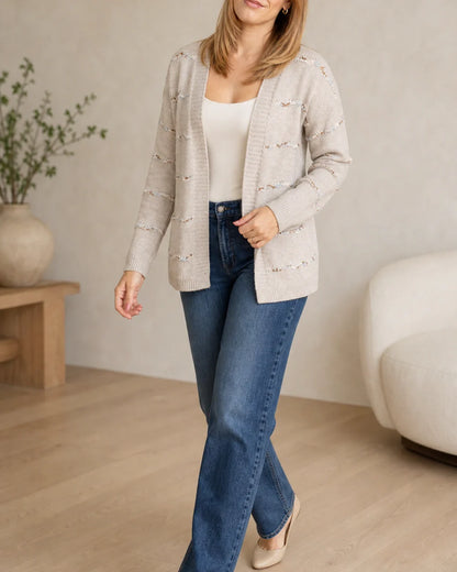 Popcorn-yarn open cardigan for women, natural movement view