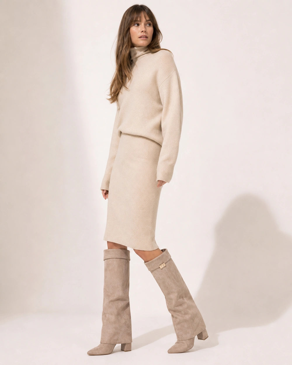 Women's beige wide-shaft suede-effect knee-high boots, full silhouette.