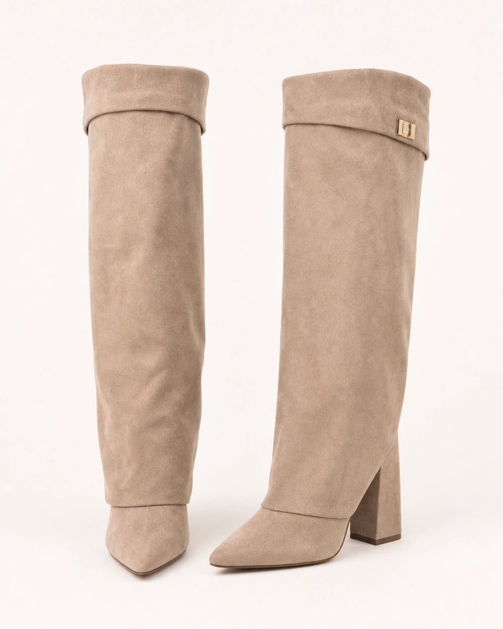 Women's beige wide-shaft suede-effect knee-high boots, product-only pair.