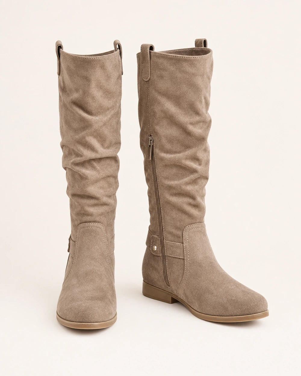 Women's khaki slouch knee-high winter boots, product-only pair.