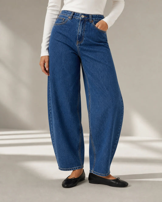 Jean femme taille haute coupe barrel bleu moyen — image