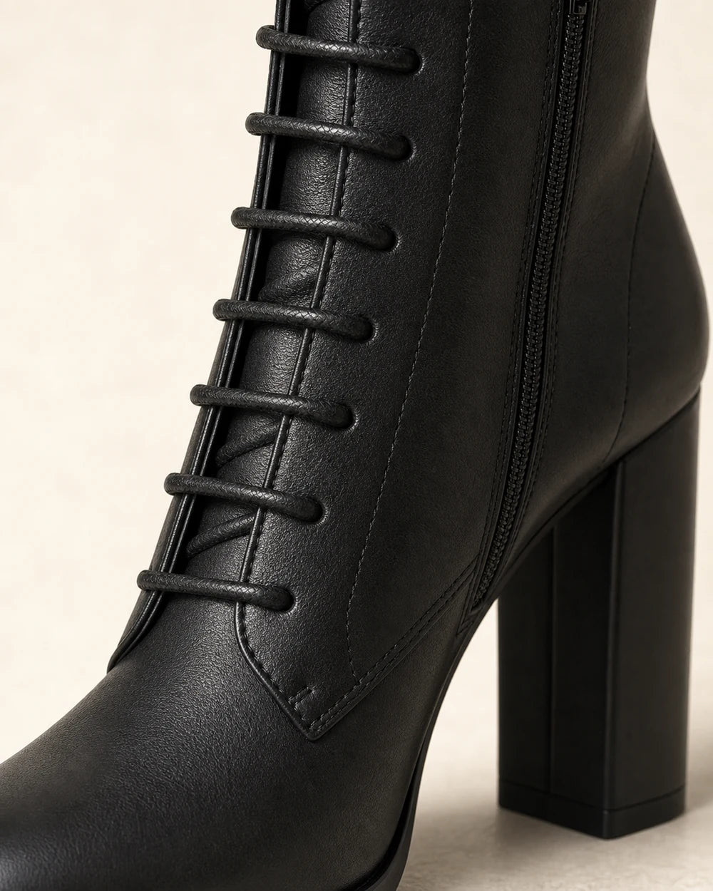 Women's black lace-up high-heel ankle boots, construction detail.