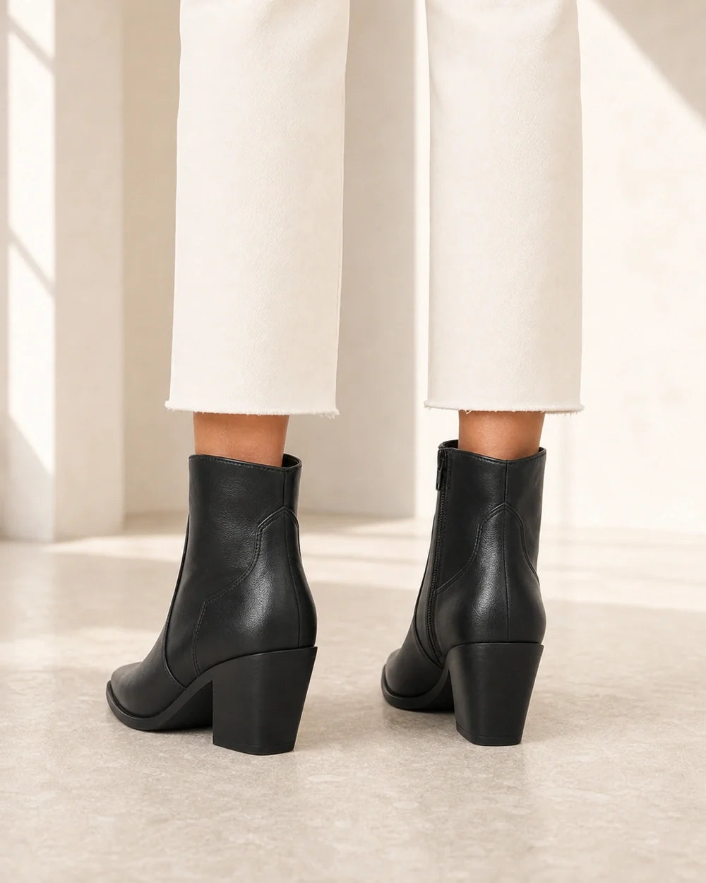 Women's black pointed western ankle boots, rear view.
