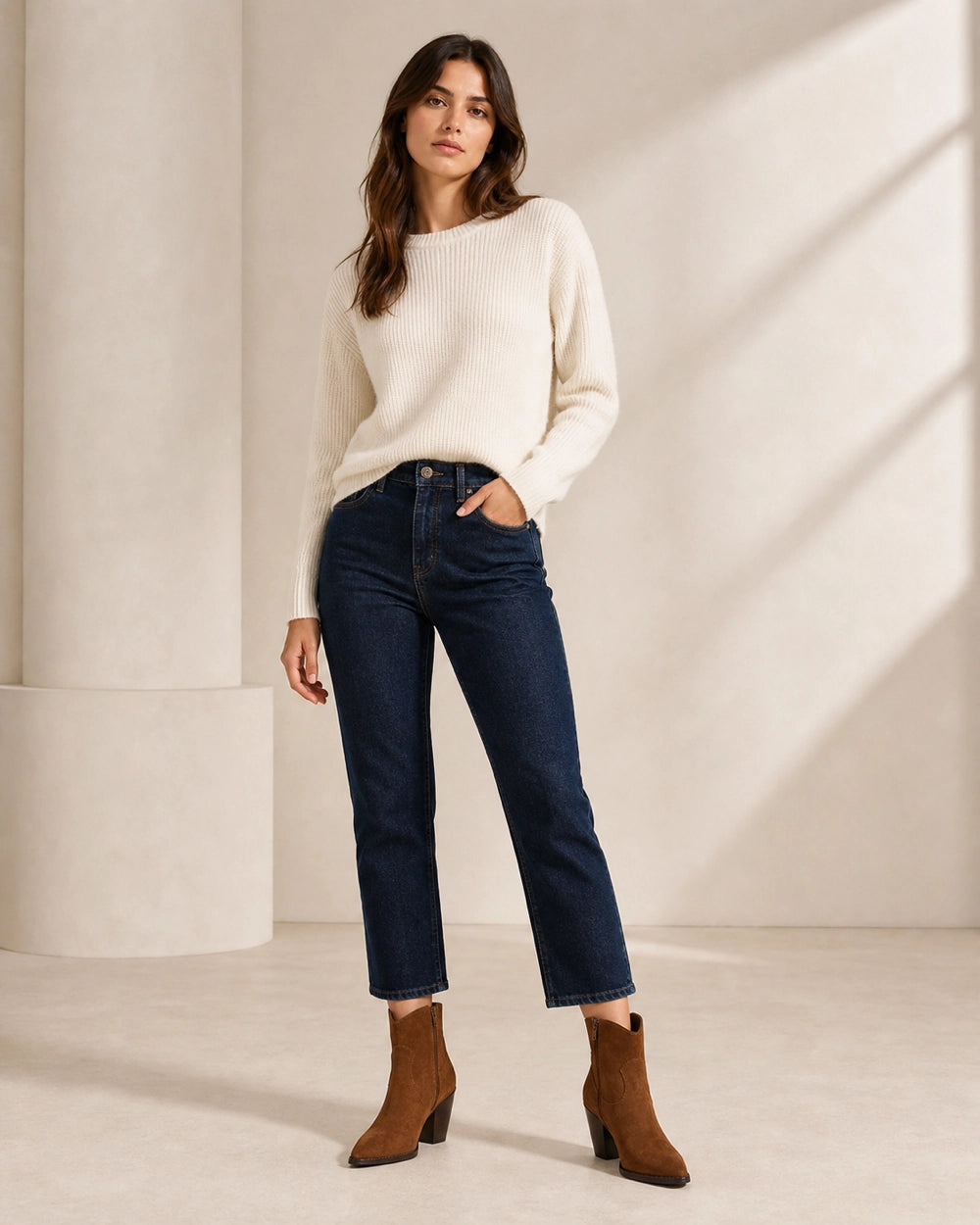 Women's brown suede-effect western ankle boots, complete styled silhouette.